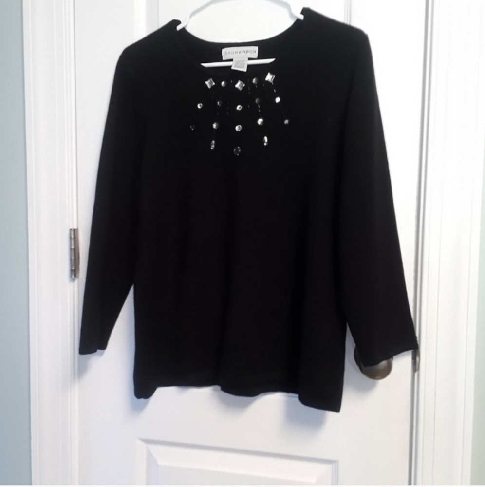 Sag Harbor Black Jewel Embellished Women's L Sweater Winter Fall Dressy